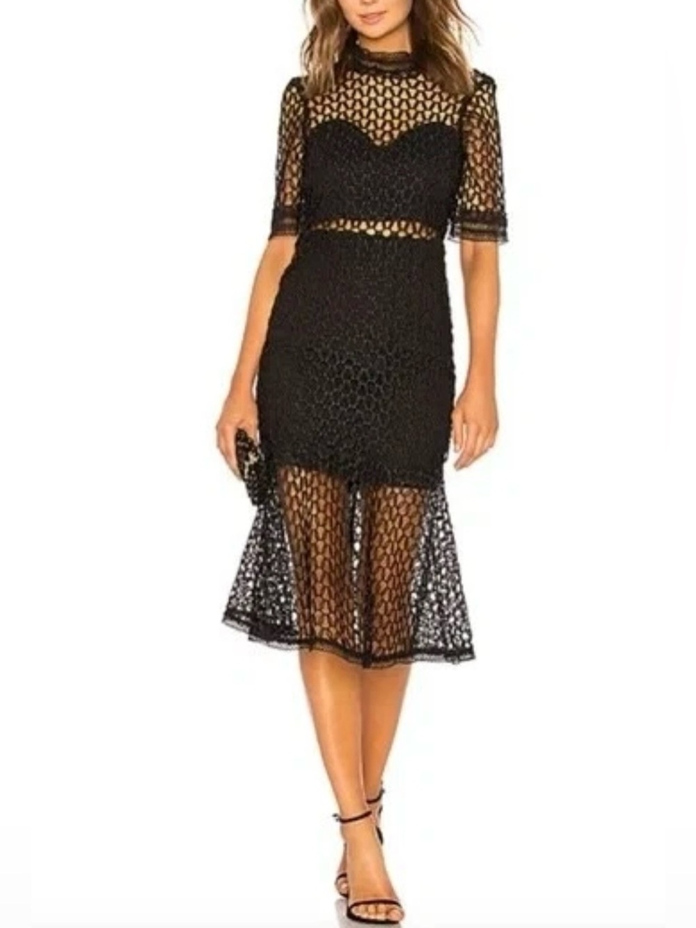 Bardot Fiona Mesh Lace Trumpet Midi Dress Black Size 12 XL 51820DB